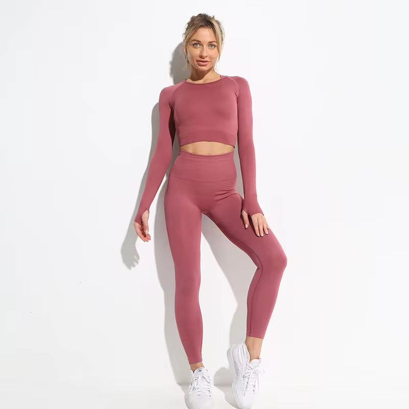 2Pcs Seamless Hyperflex Workout Sport Outfits for Women Sportswear Athletic Clothes Gym Long Sleeve Crop Top High Waist Leggings