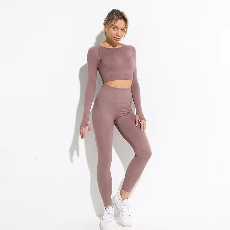 2Pcs Seamless Hyperflex Workout Sport Outfits for Women Sportswear Athletic Clothes Gym Long Sleeve Crop Top High Waist Leggings